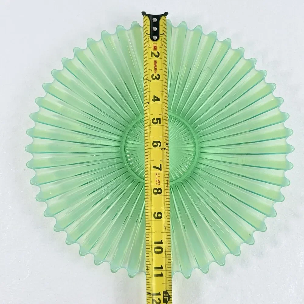 Vintage Green Opalescent Carnival Glass Bowl Sunburst Ribbed Spiked Beaded Edge